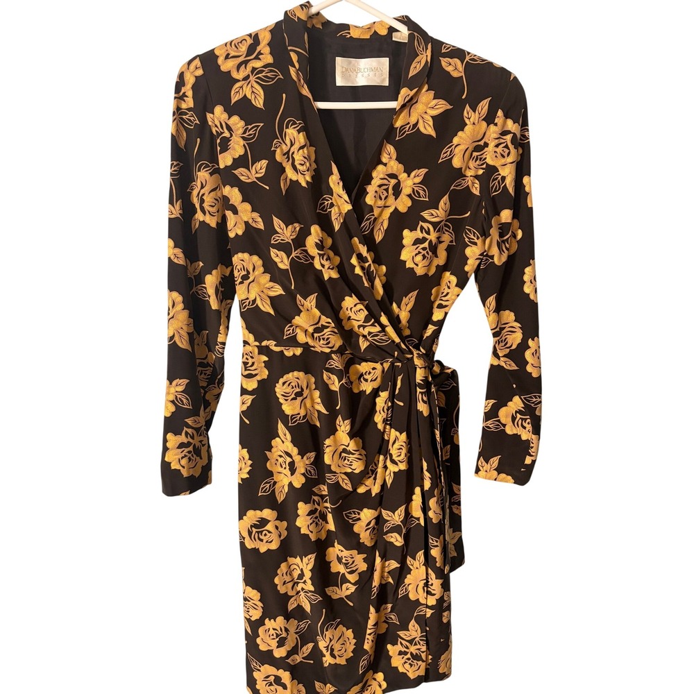 Dana Buchman Silk Wrap Dress Black Gold Floral Rose Long Sleeve Size 6 Romantic